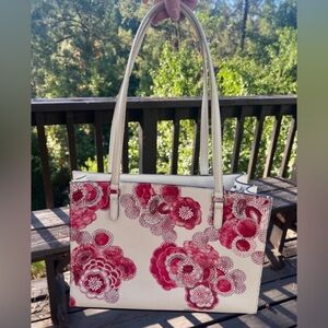 DKNY Floral Leather Tote Bag Inner Pockets Double Handle Good Shape